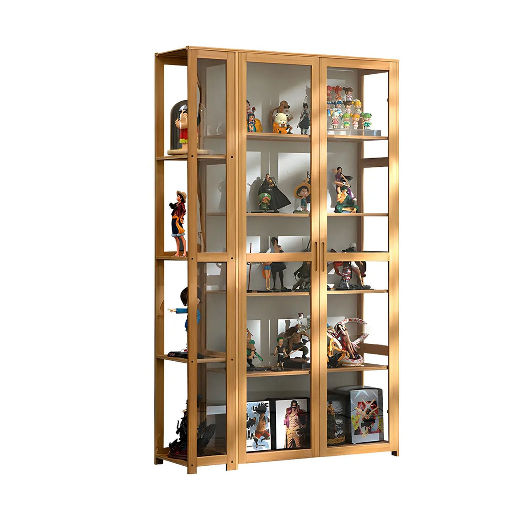 7 Shelves Tan Bamboo Glass Open Storage Display Cabinet