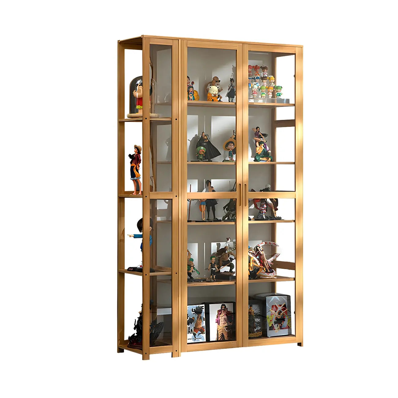 7 Shelves Tan Bamboo Glass Open Storage Display Cabinet