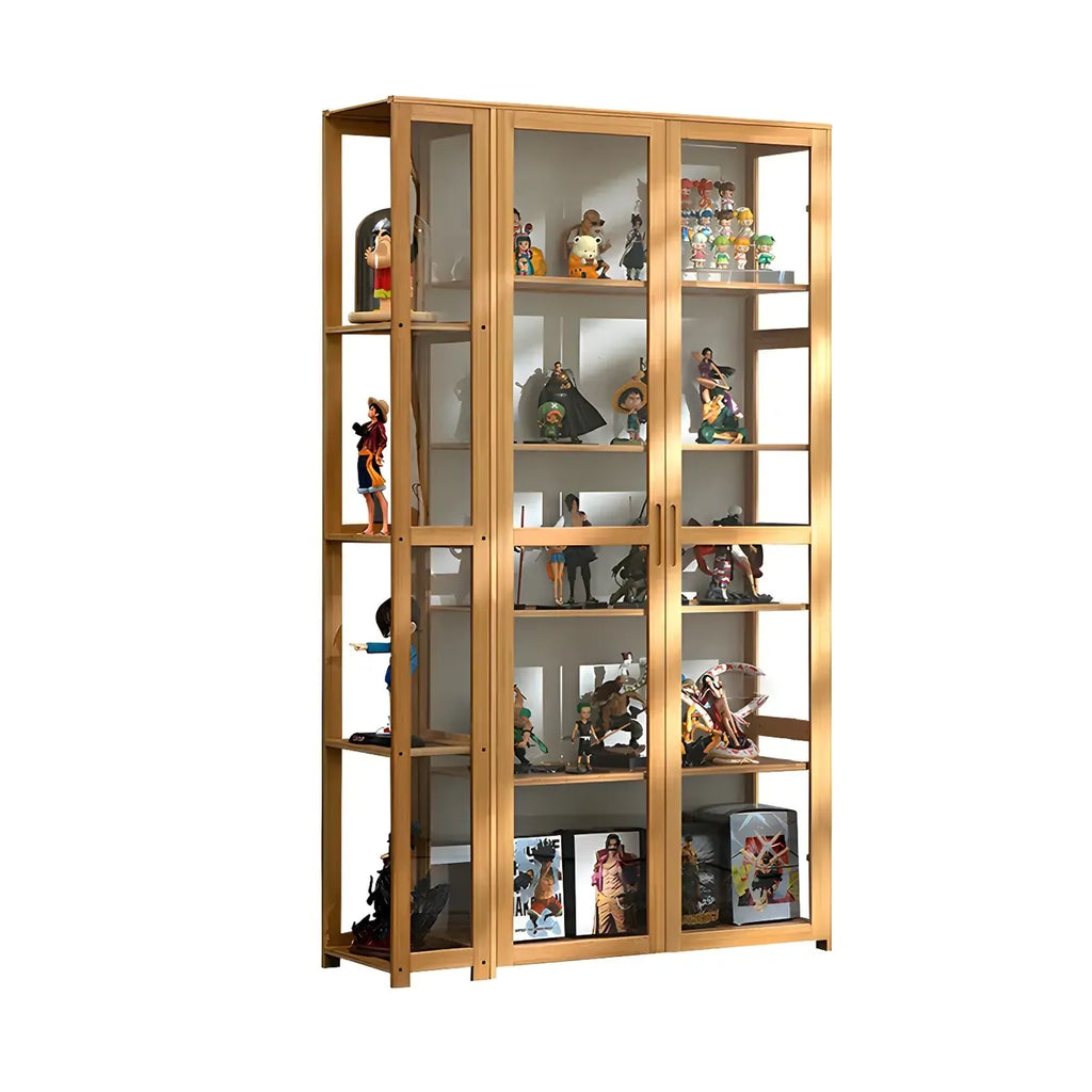 7 Shelves Tan Bamboo Glass Open Storage Display Cabinet