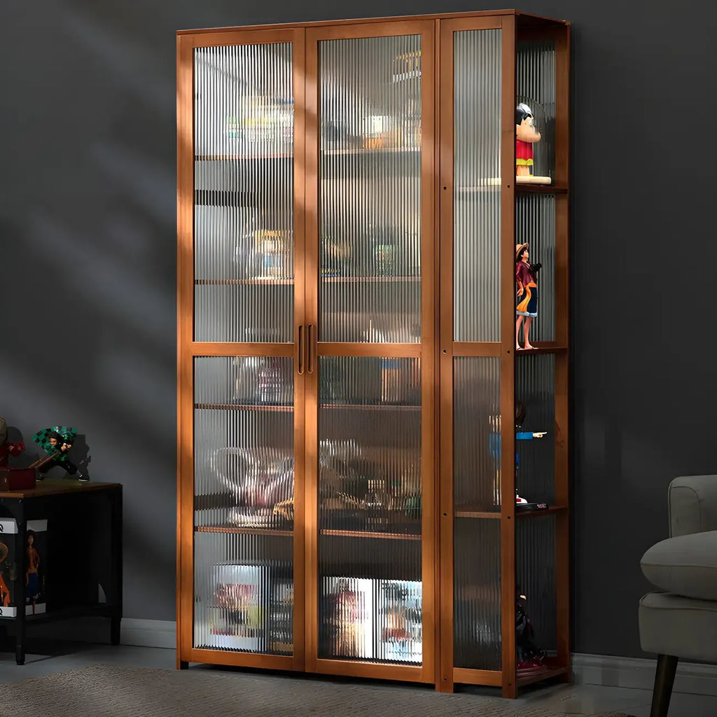 7 Shelves Tan Bamboo Glass Open Storage Display Cabinet
