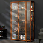 7 Shelves Tan Bamboo Glass Open Storage Display Cabinet