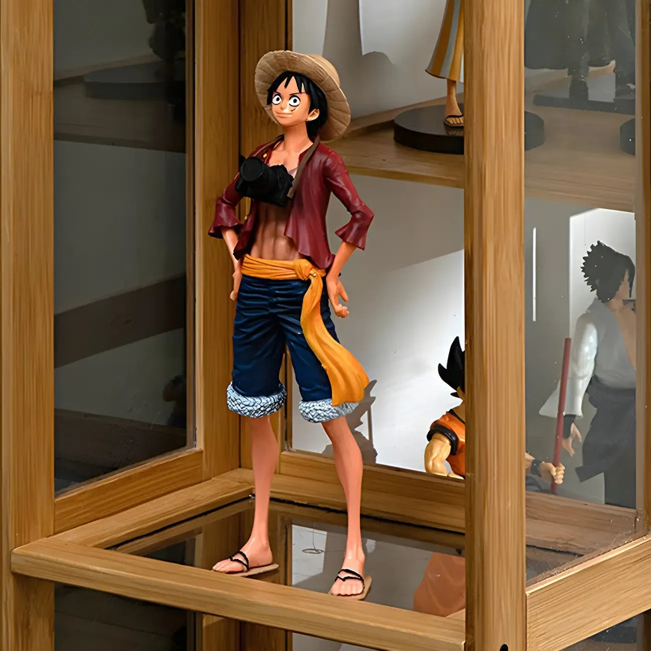 7 Shelves Tan Bamboo Glass Open Storage Display Cabinet