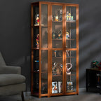 7 Shelves Tan Bamboo Glass Open Storage Display Cabinet