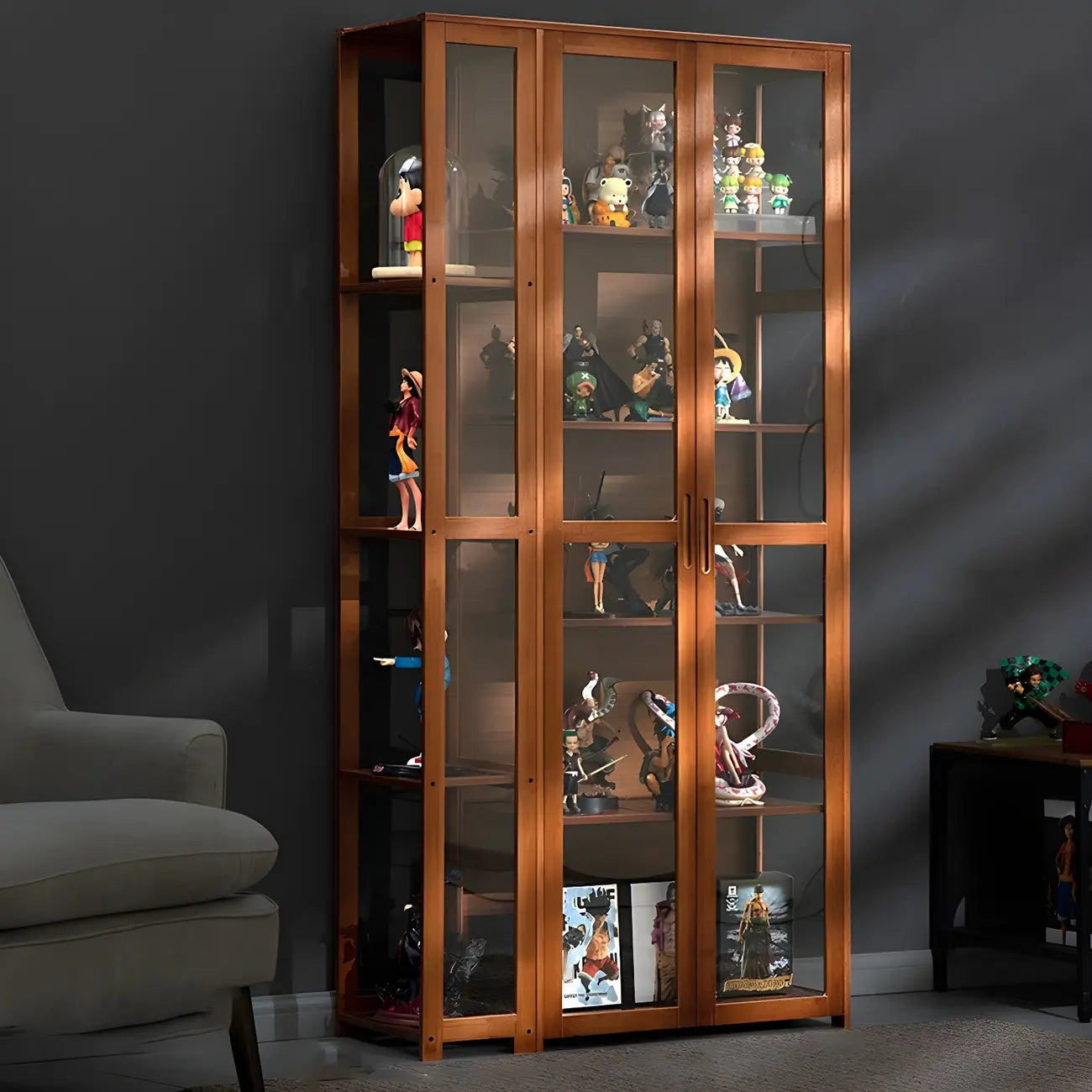7 Shelves Tan Bamboo Glass Open Storage Display Cabinet