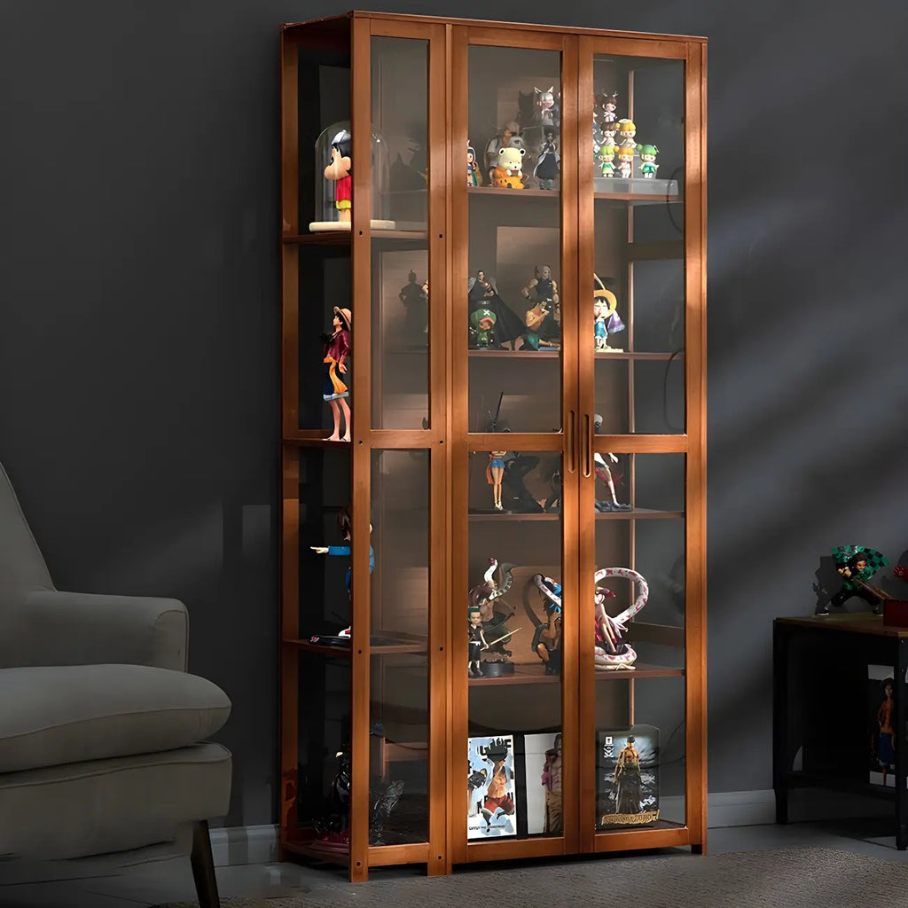 7 Shelves Tan Bamboo Glass Open Storage Display Cabinet