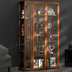 7 Shelves Tan Bamboo Glass Open Storage Display Cabinet