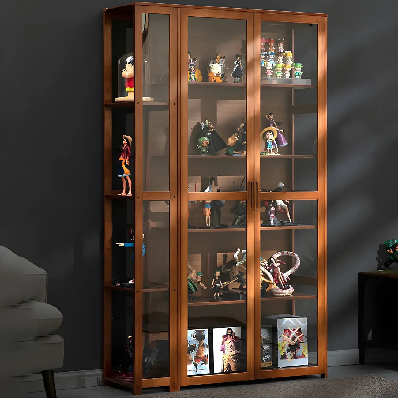 7 Shelves Tan Bamboo Glass Open Storage Display Cabinet