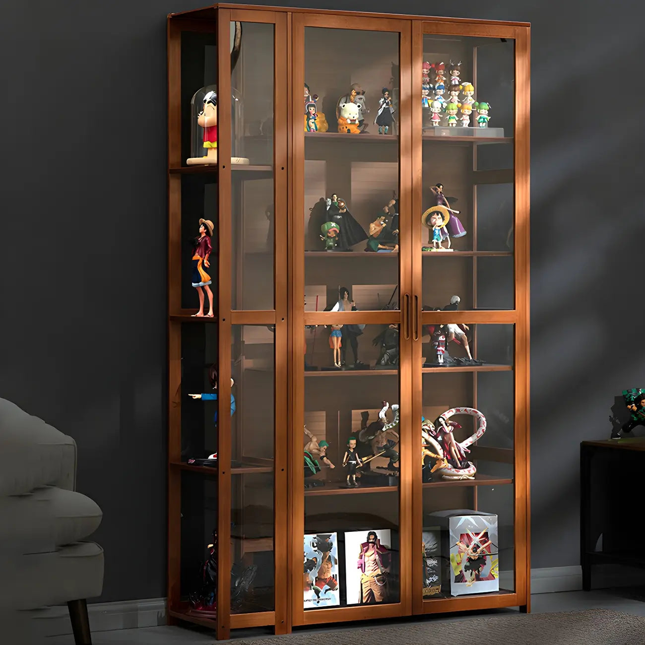 7 Shelves Tan Bamboo Glass Open Storage Display Cabinet