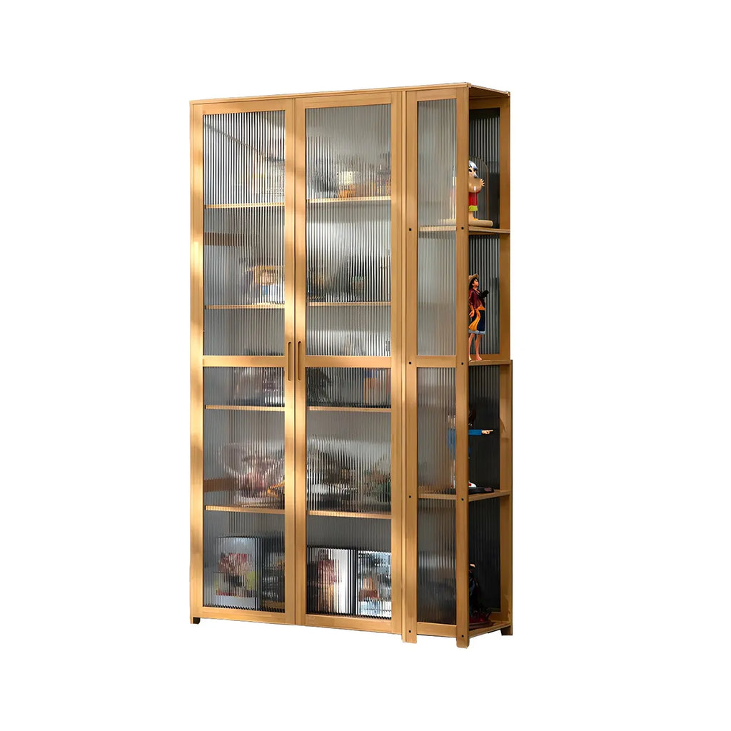 7 Shelves Tan Bamboo Glass Open Storage Display Cabinet