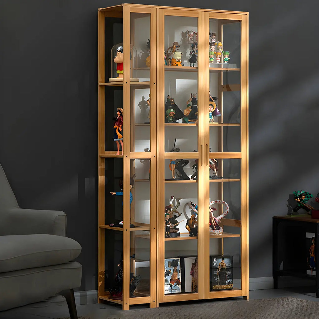 7 Shelves Tan Bamboo Glass Open Storage Display Cabinet