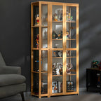 7 Shelves Tan Bamboo Glass Open Storage Display Cabinet
