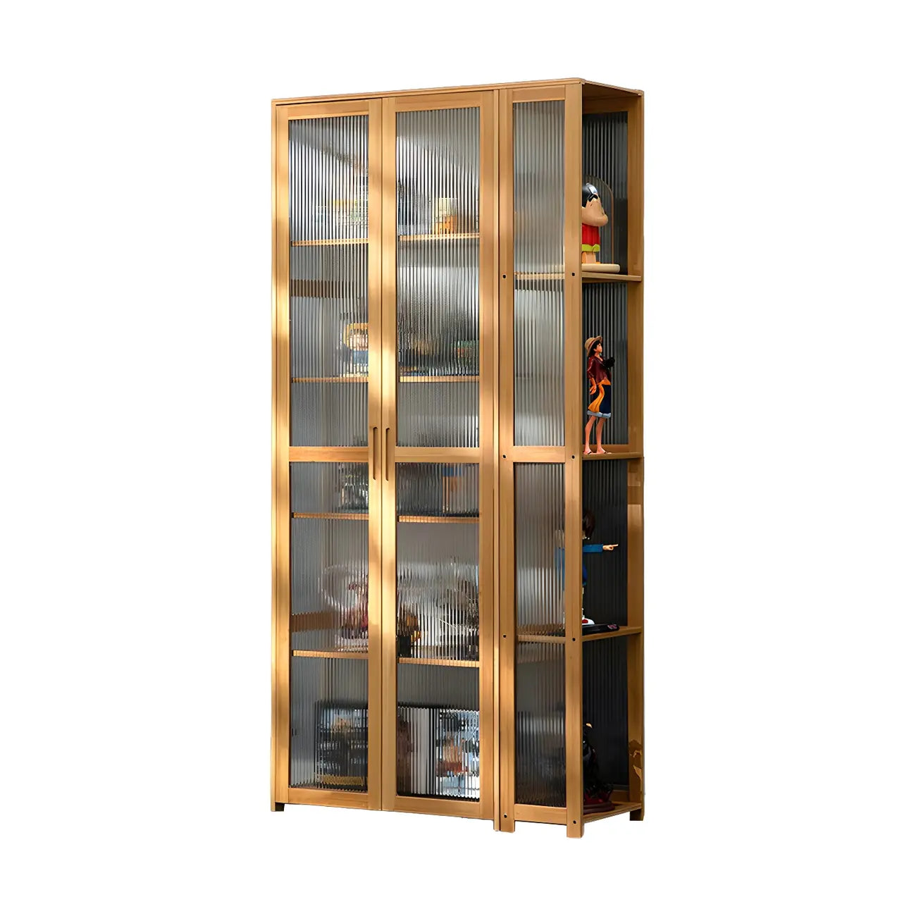 7 Shelves Tan Bamboo Glass Open Storage Display Cabinet