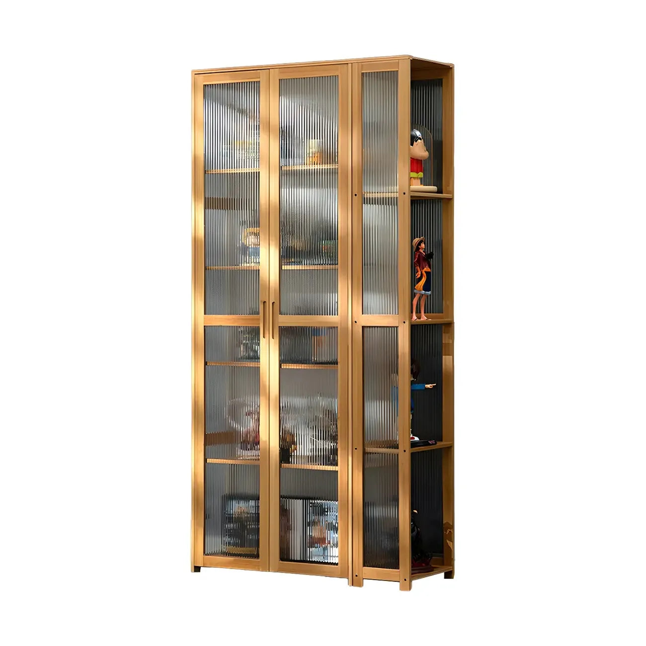 7 Shelves Tan Bamboo Glass Open Storage Display Cabinet