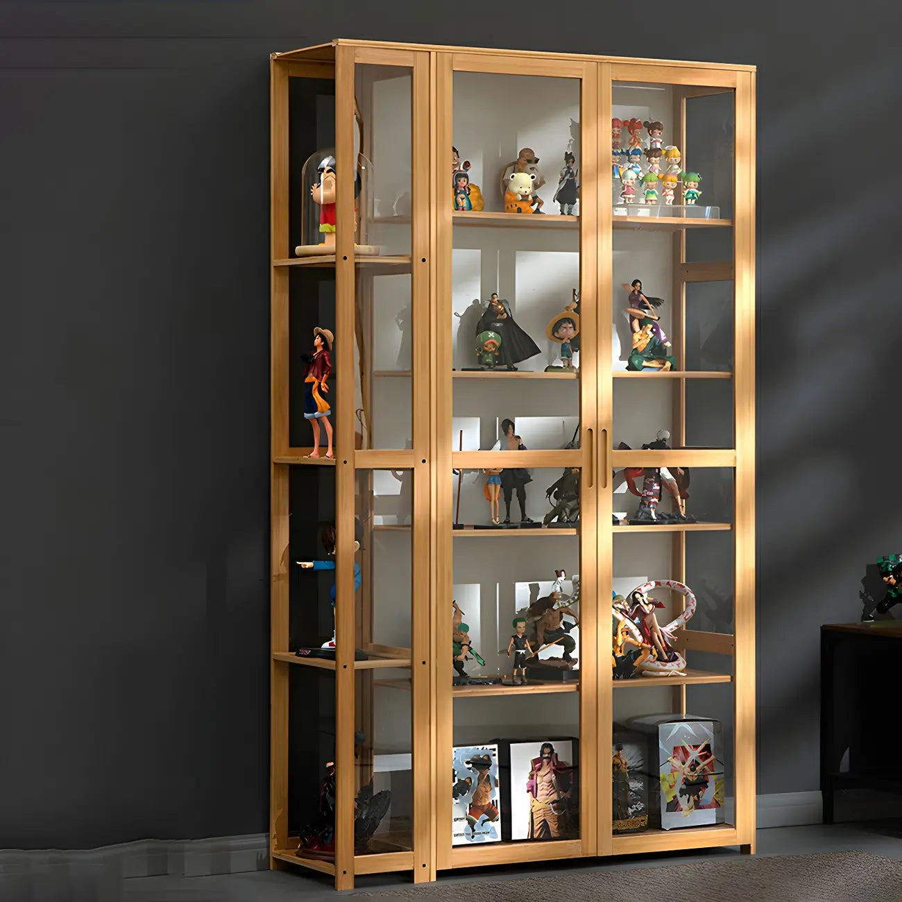 7 Shelves Tan Bamboo Glass Open Storage Display Cabinet
