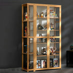 7 Shelves Tan Bamboo Glass Open Storage Display Cabinet