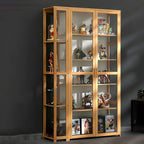 7 Shelves Tan Bamboo Glass Open Storage Display Cabinet