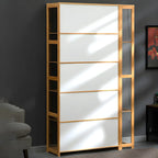 7 Shelves Tan Bamboo Glass Open Storage Display Cabinet