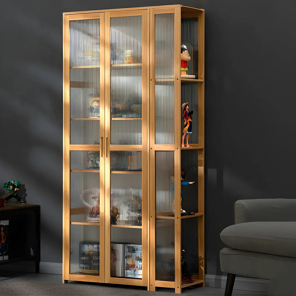 7 Shelves Tan Bamboo Glass Open Storage Display Cabinet