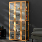 7 Shelves Tan Bamboo Glass Open Storage Display Cabinet