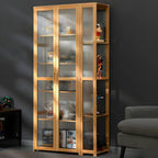 7 Shelves Tan Bamboo Glass Open Storage Display Cabinet