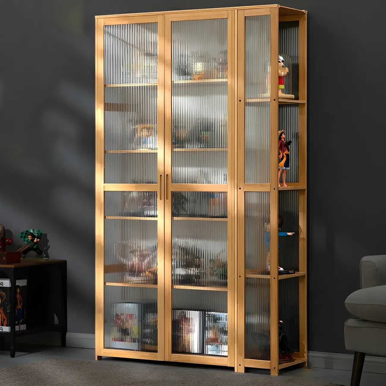 7 Shelves Tan Bamboo Glass Open Storage Display Cabinet