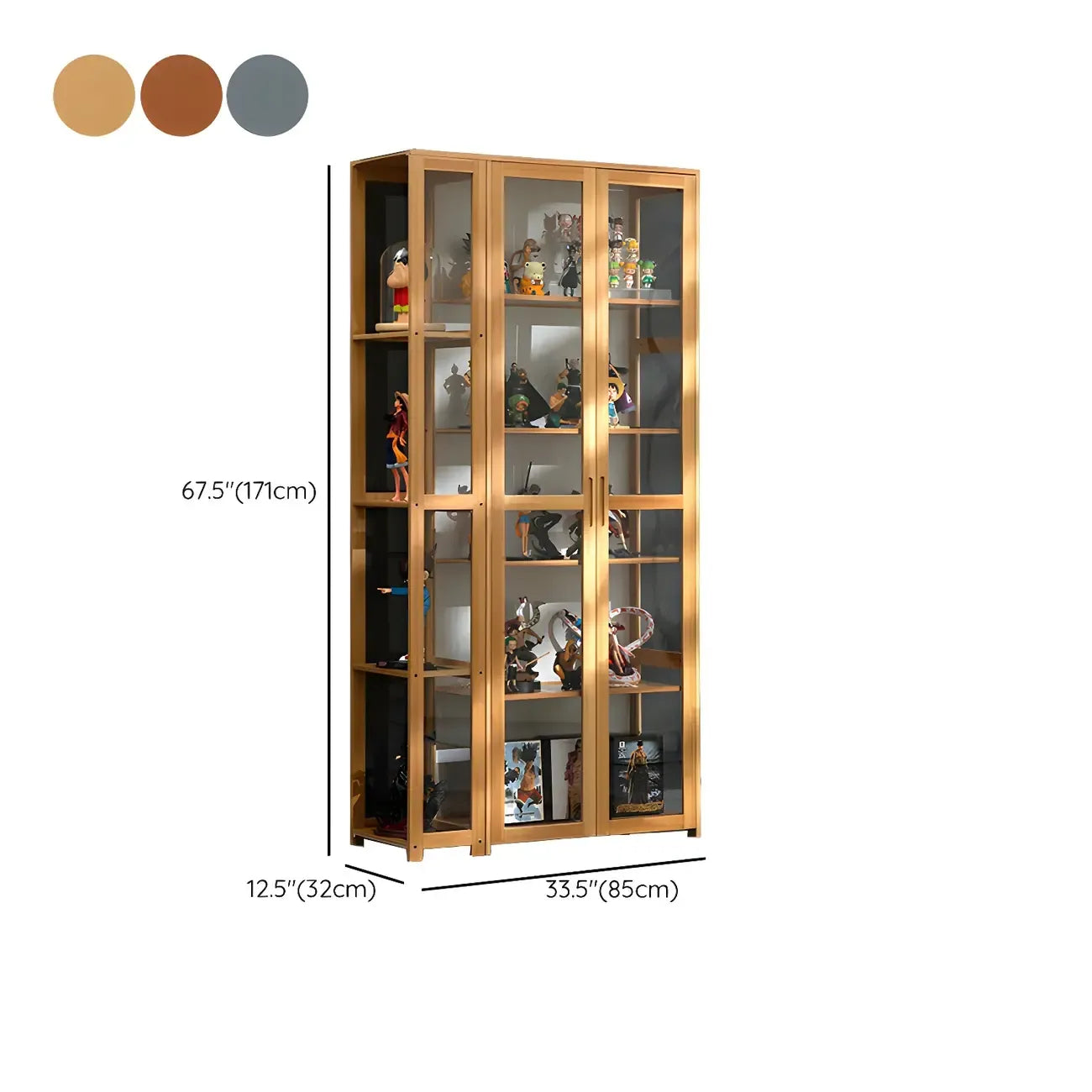 7 Shelves Tan Bamboo Glass Open Storage Display Cabinet