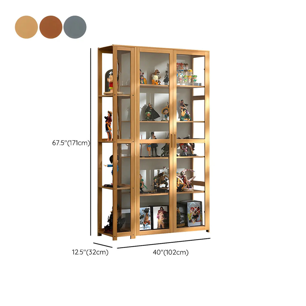7 Shelves Tan Bamboo Glass Open Storage Display Cabinet