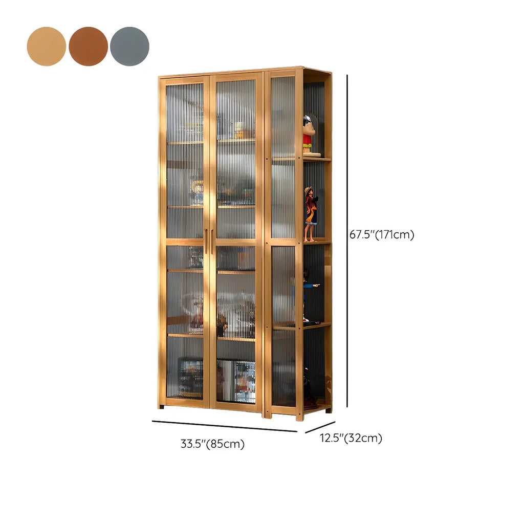 7 Shelves Tan Bamboo Glass Open Storage Display Cabinet