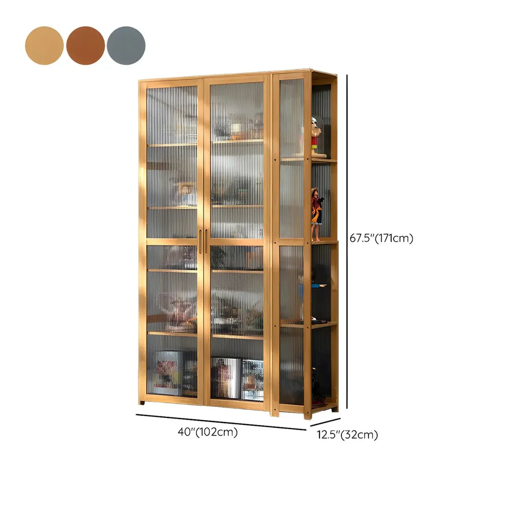 7 Shelves Tan Bamboo Glass Open Storage Display Cabinet
