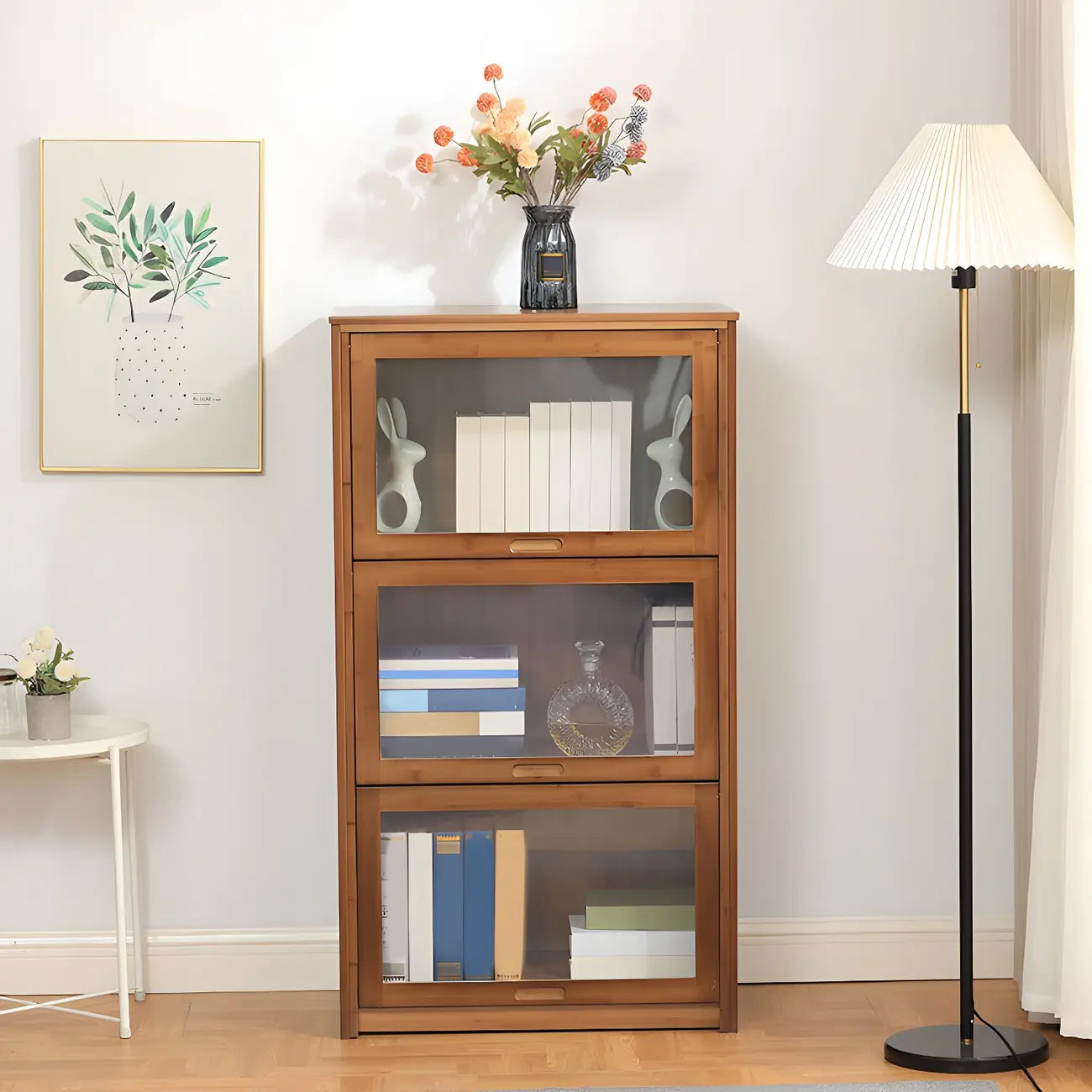 Adjustable Brown Bamboo Display Cabinet with Glass Door
