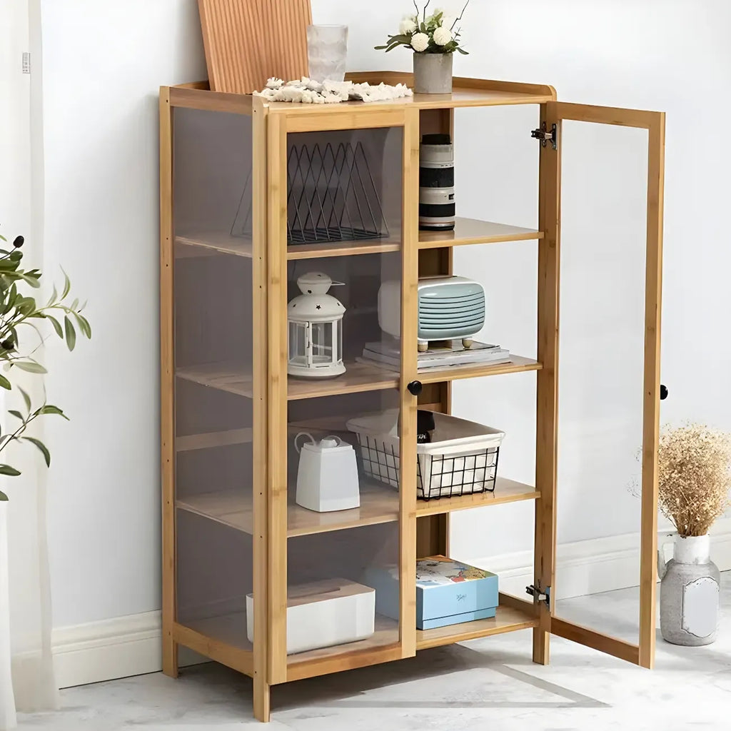 Adjustable Brown Bamboo Display Cabinet with Glass Door