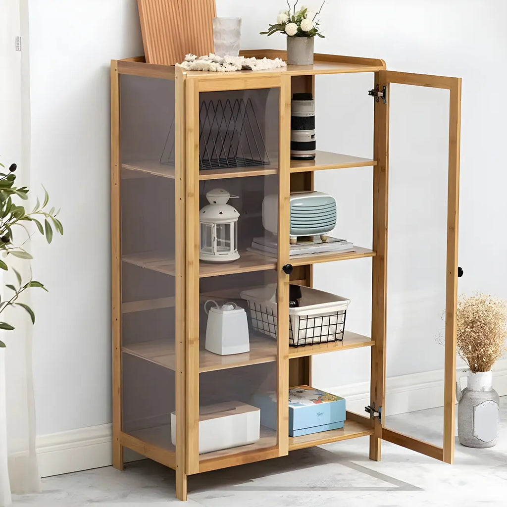 Adjustable Brown Bamboo Display Cabinet with Glass Door
