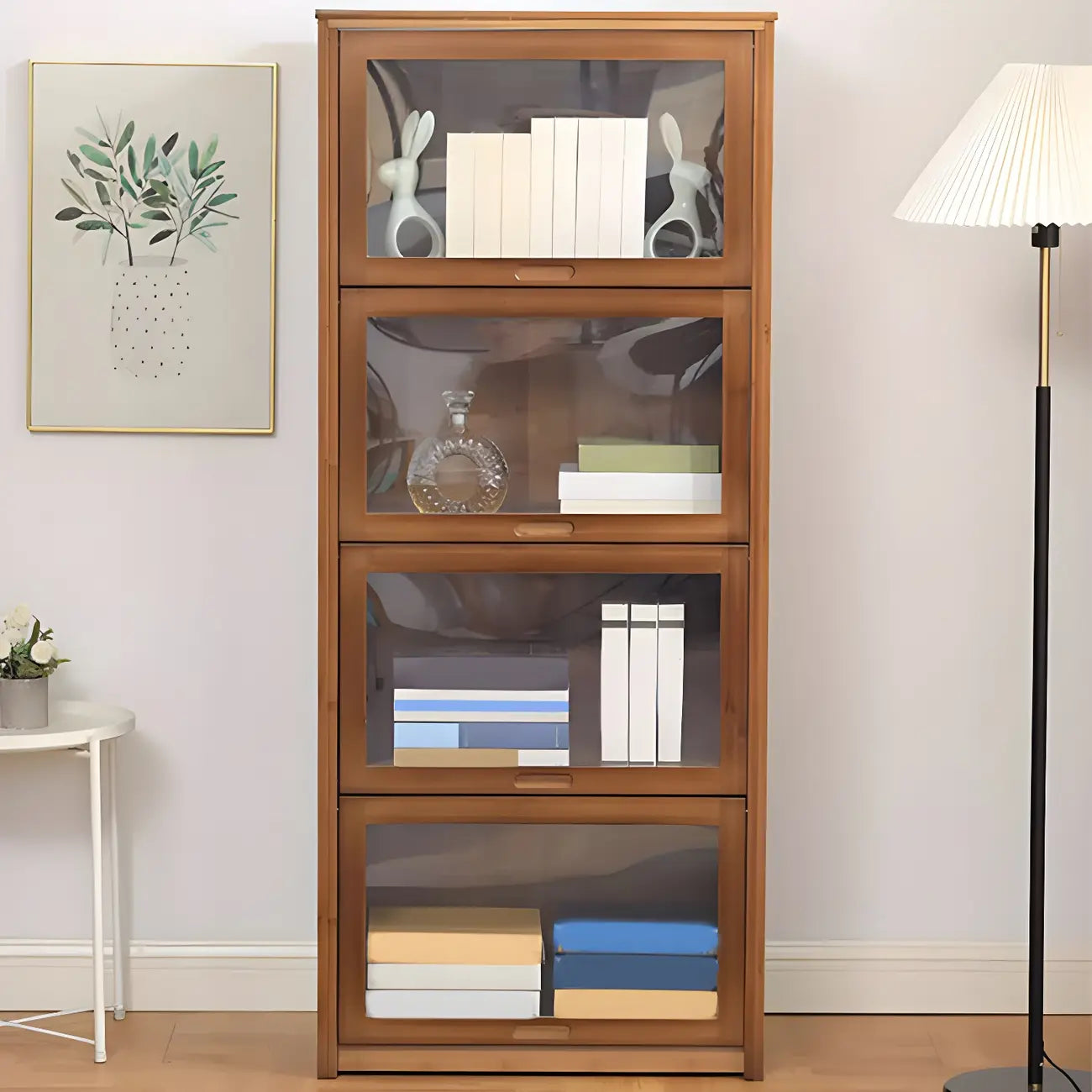 Adjustable Brown Bamboo Display Cabinet with Glass Door