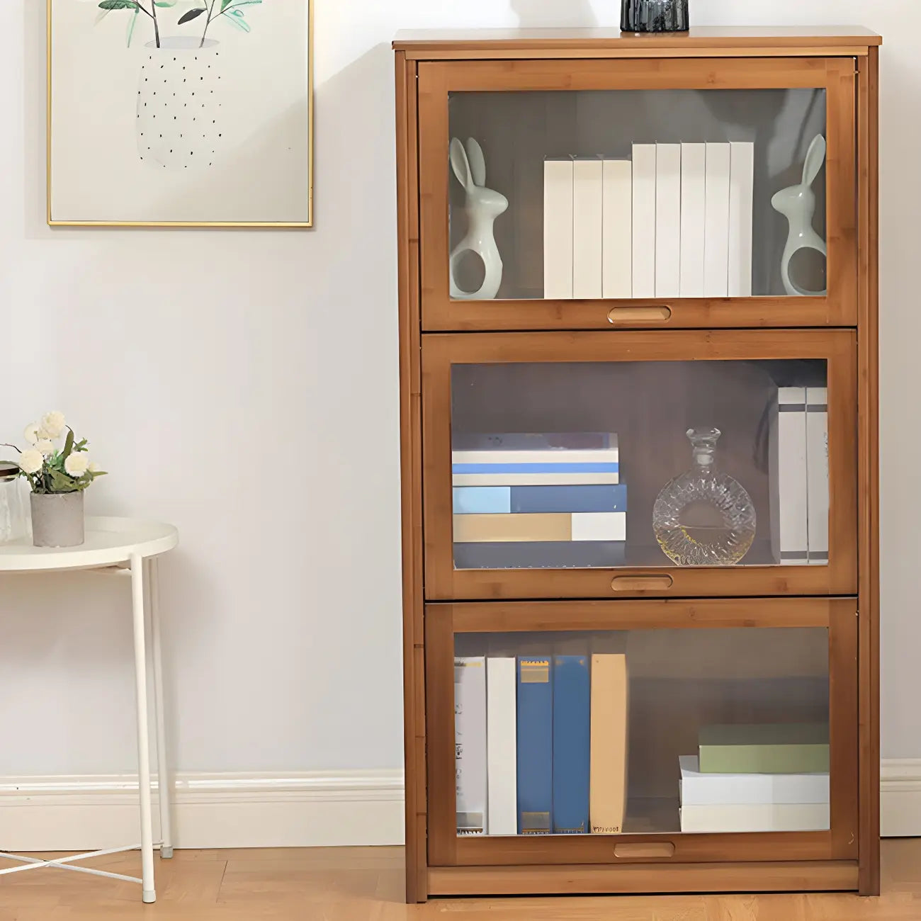 Adjustable Brown Bamboo Display Cabinet with Glass Door