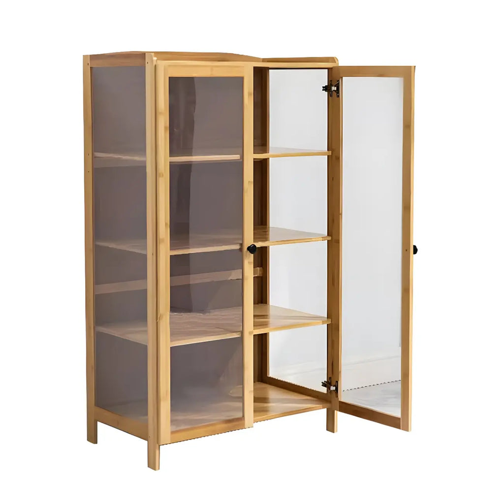 Adjustable Brown Bamboo Display Cabinet with Glass Door