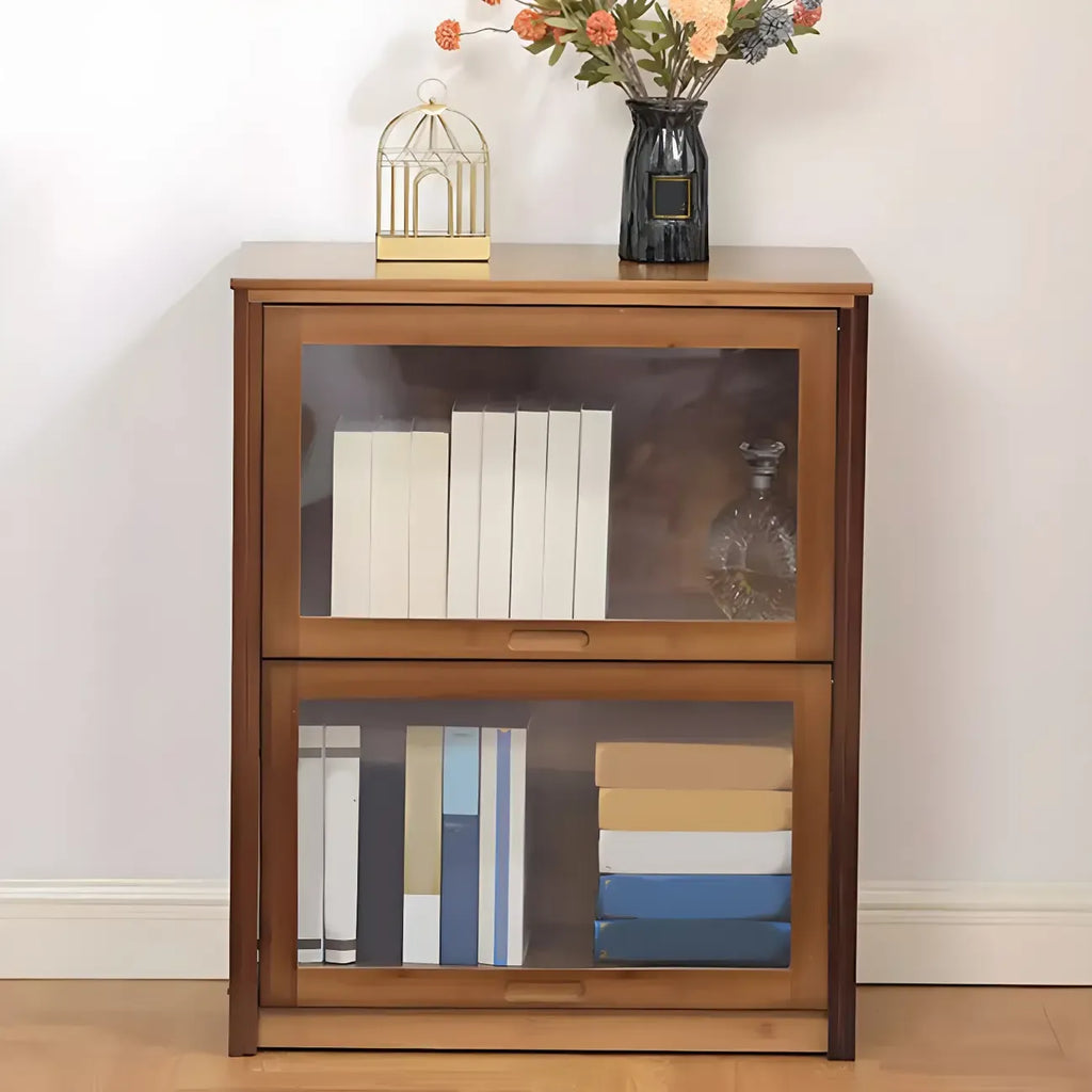 Adjustable Brown Bamboo Display Cabinet with Glass Door