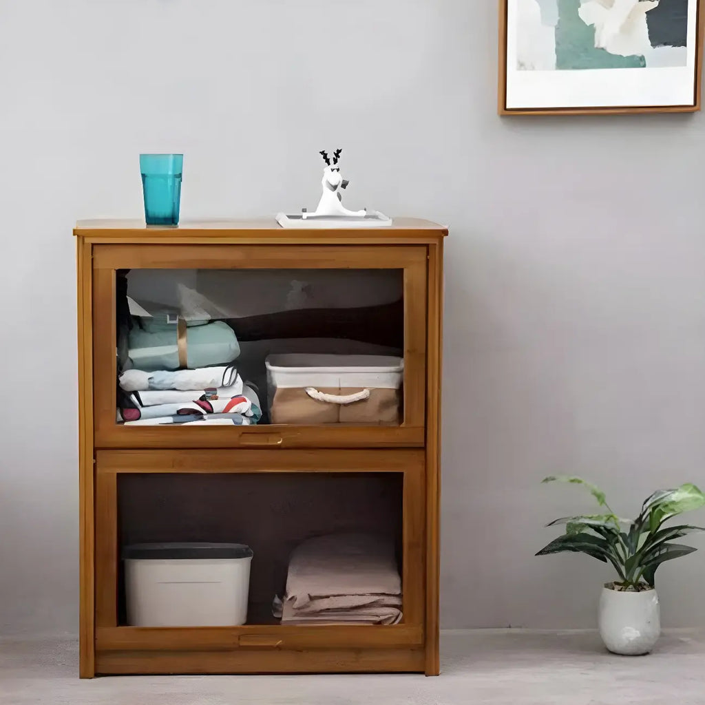 Adjustable Brown Bamboo Display Cabinet with Glass Door