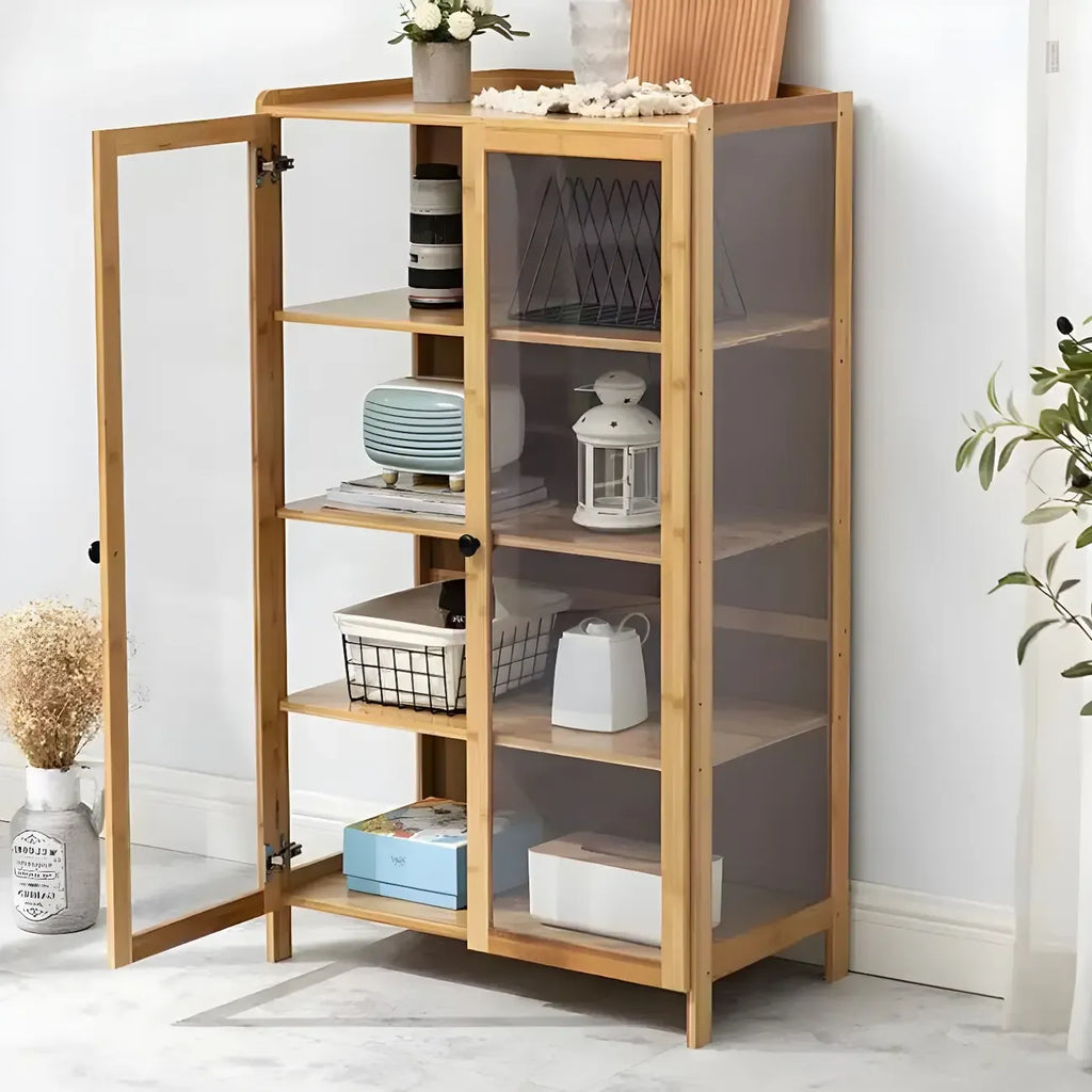 Adjustable Brown Bamboo Display Cabinet with Glass Door