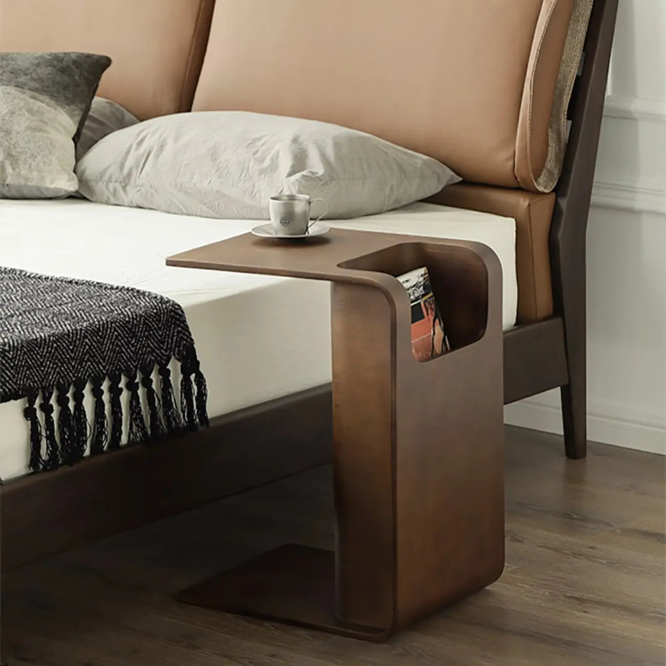 Convertible C-Shaped Walnut Wood Side Table with Storage