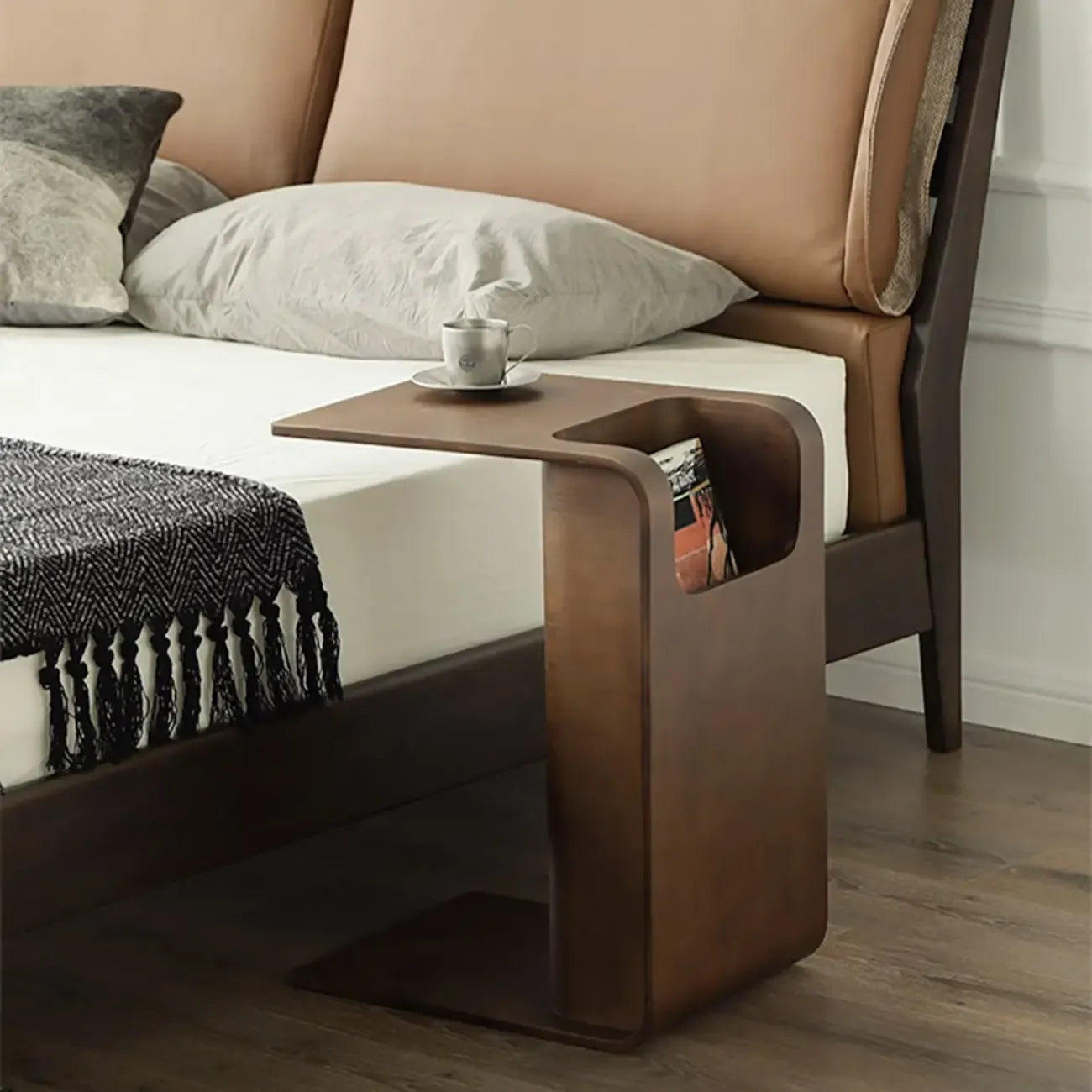 Convertible C-Shaped Walnut Wood Side Table with Storage