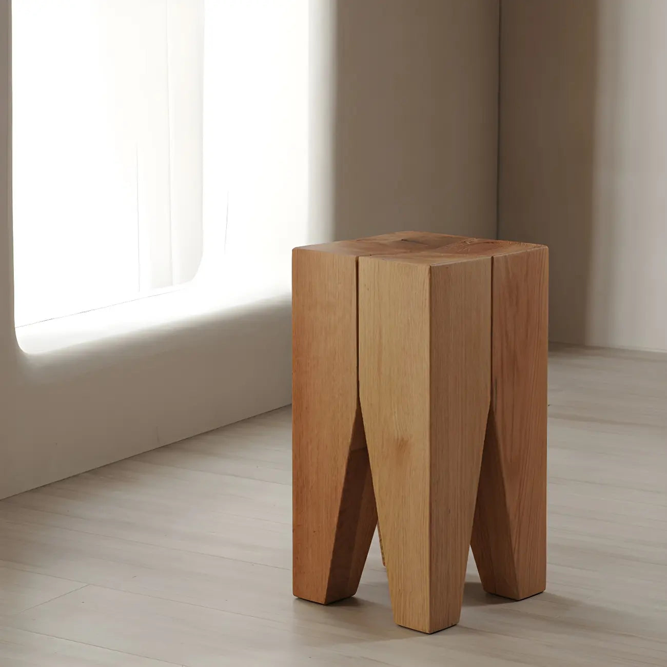 Natural Square Pine Wood Short End Table with Abstract Base