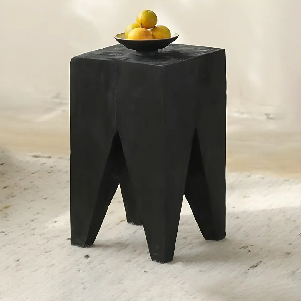 Natural Square Pine Wood Short End Table with Abstract Base