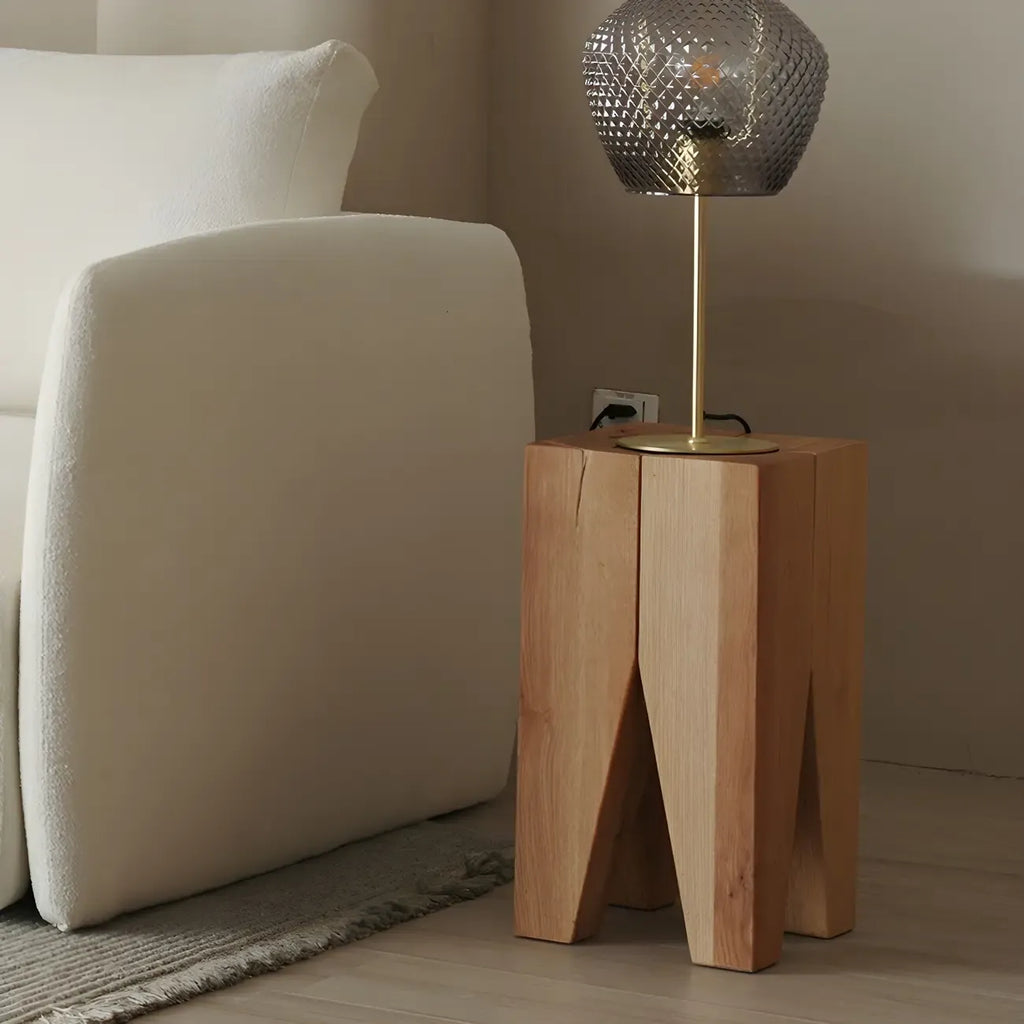 Natural Square Pine Wood Short End Table with Abstract Base