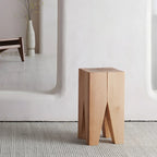 Natural Square Pine Wood Short End Table with Abstract Base