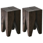Natural Square Pine Wood Short End Table with Abstract Base