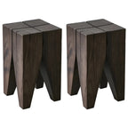 Natural Square Pine Wood Short End Table with Abstract Base