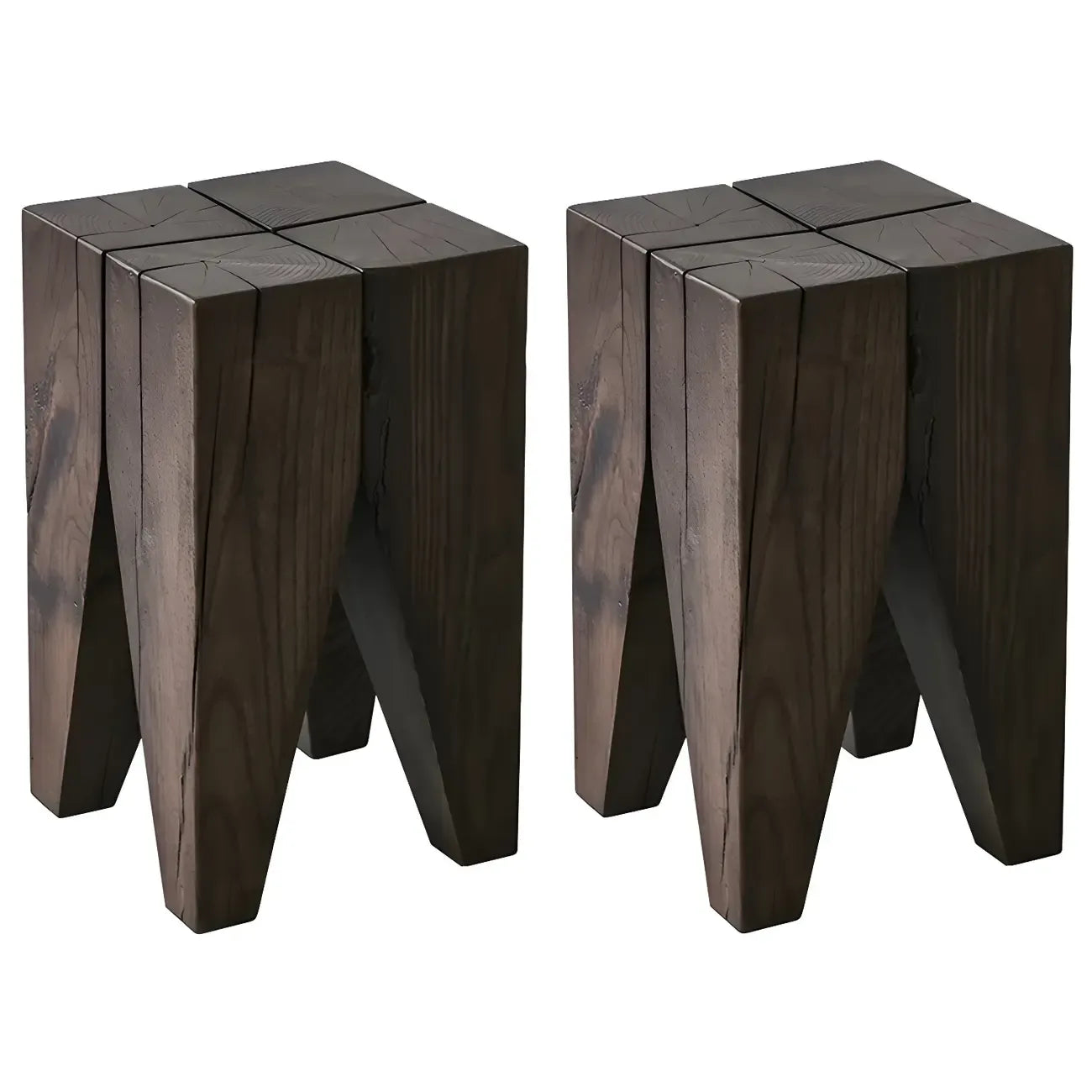 Natural Square Pine Wood Short End Table with Abstract Base