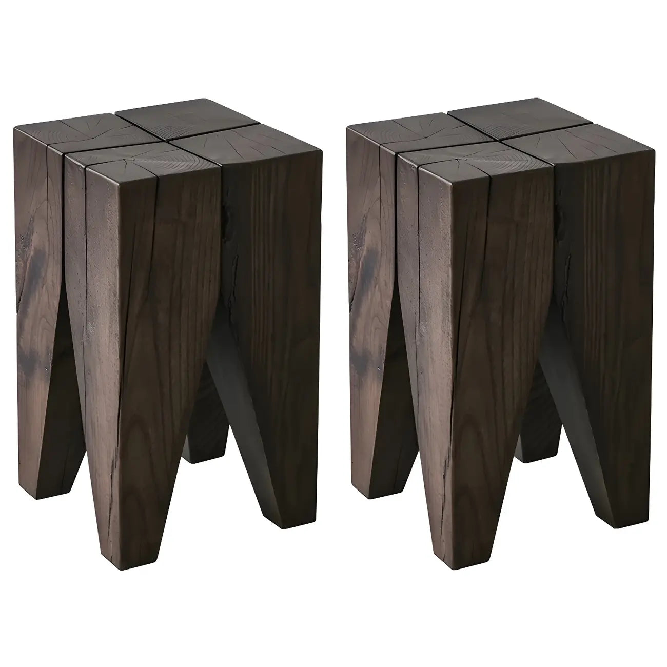 Natural Square Pine Wood Short End Table with Abstract Base