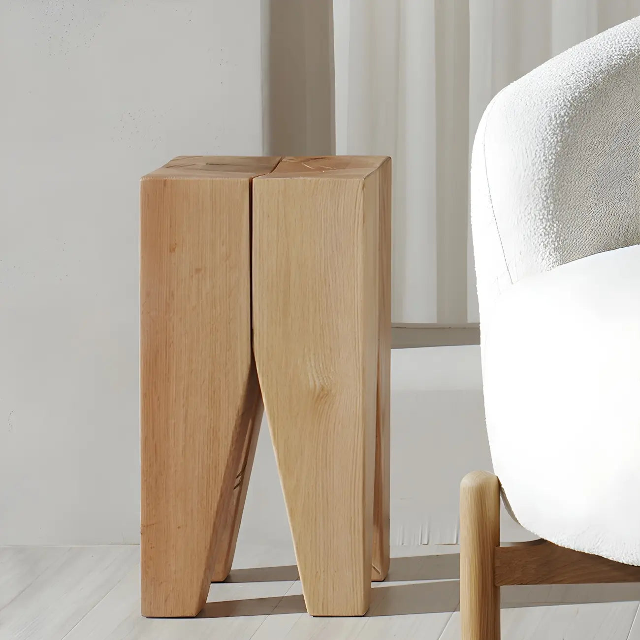 Natural Square Pine Wood Short End Table with Abstract Base