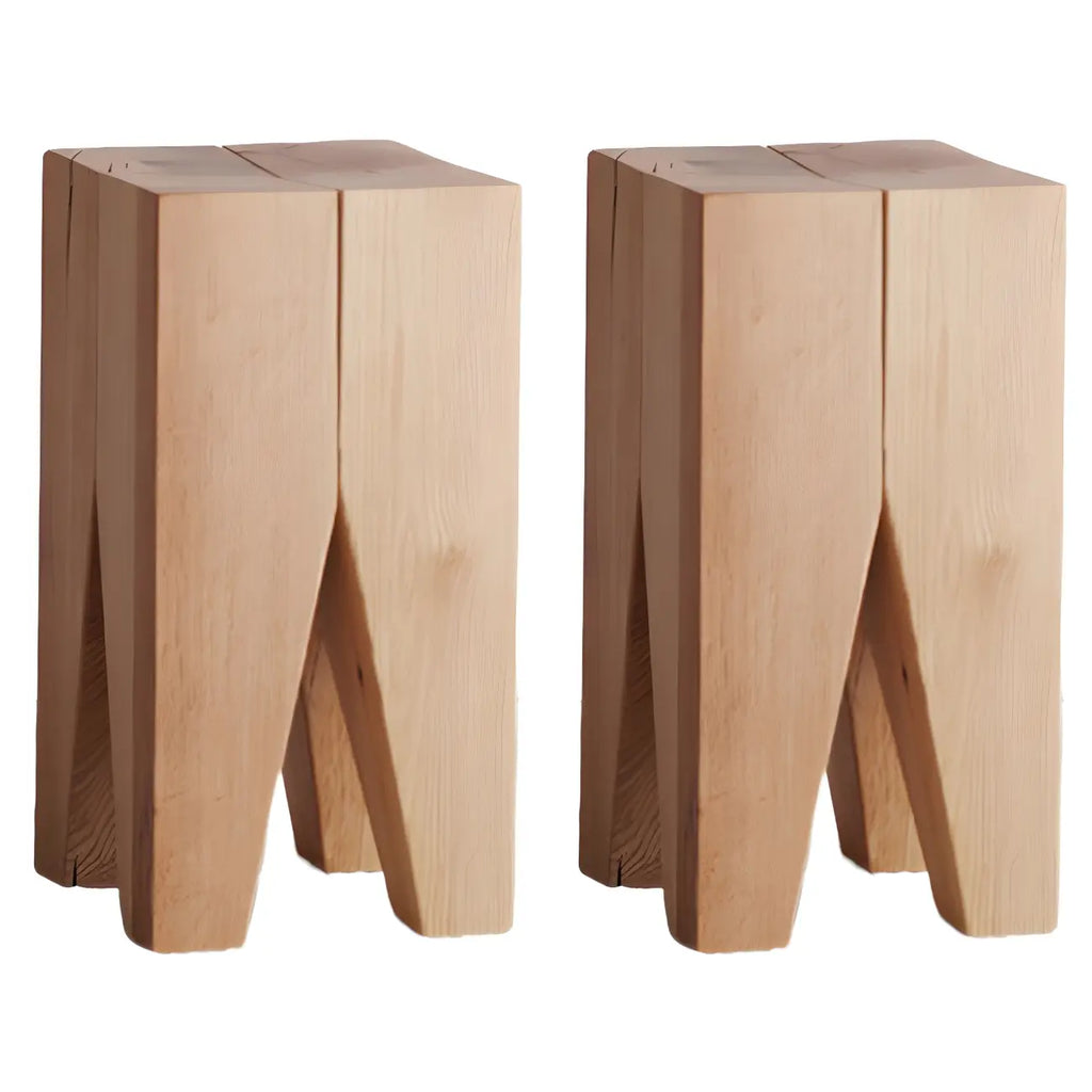 Natural Square Pine Wood Short End Table with Abstract Base